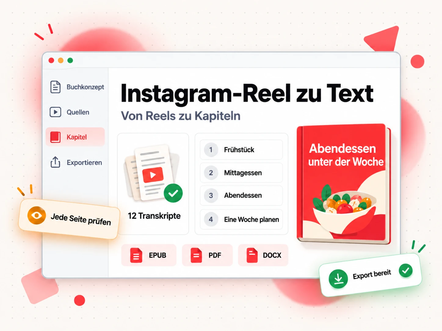 Instagram-Reel-Textmaterial in einem Buchentwurf mit Kapitelliste, Quellenbereich sowie EPUB-, PDF- und DOCX-Exportabzeichen