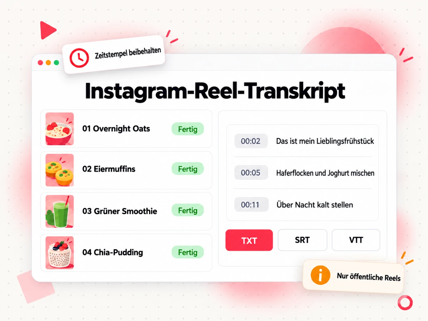 Liste von Instagram-Reel-Transkripten mit Zeilen und Zeitstempeln für jedes Video einer Serie sowie TXT-, SRT- und VTT-Export-Schaltflächen