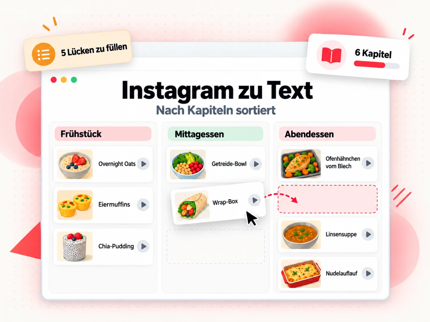 Instagram-zu-Text-Notizen, die auf einem Planungsboard in Kapitelspalten sortiert sind, mit einer Liste offener Punkte und einer Kapitelanzahl