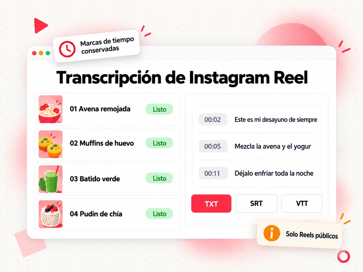 Lista de transcripciones de Instagram Reel con líneas con marcas de tiempo para cada video de una serie y botones de exportación TXT, SRT y VTT