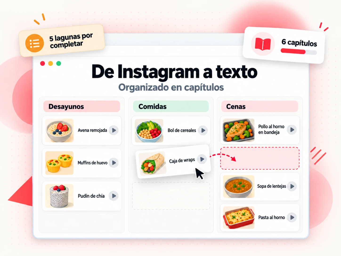 Notas de Instagram a texto ordenadas en columnas de capítulos sobre un panel de planificación, con una lista de lagunas y un recuento de capítulos