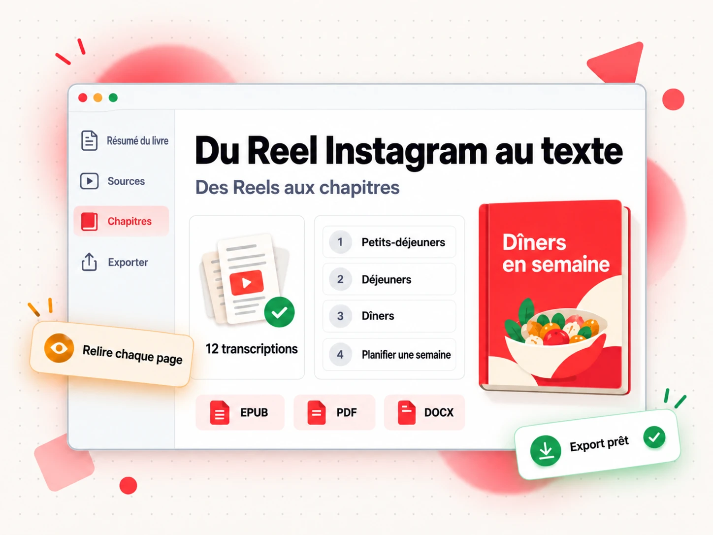 Contenu textuel issu d'un Reel Instagram intégré à une ébauche de livre, avec une liste de chapitres, un panneau de sources et des badges d'export EPUB, PDF et DOCX