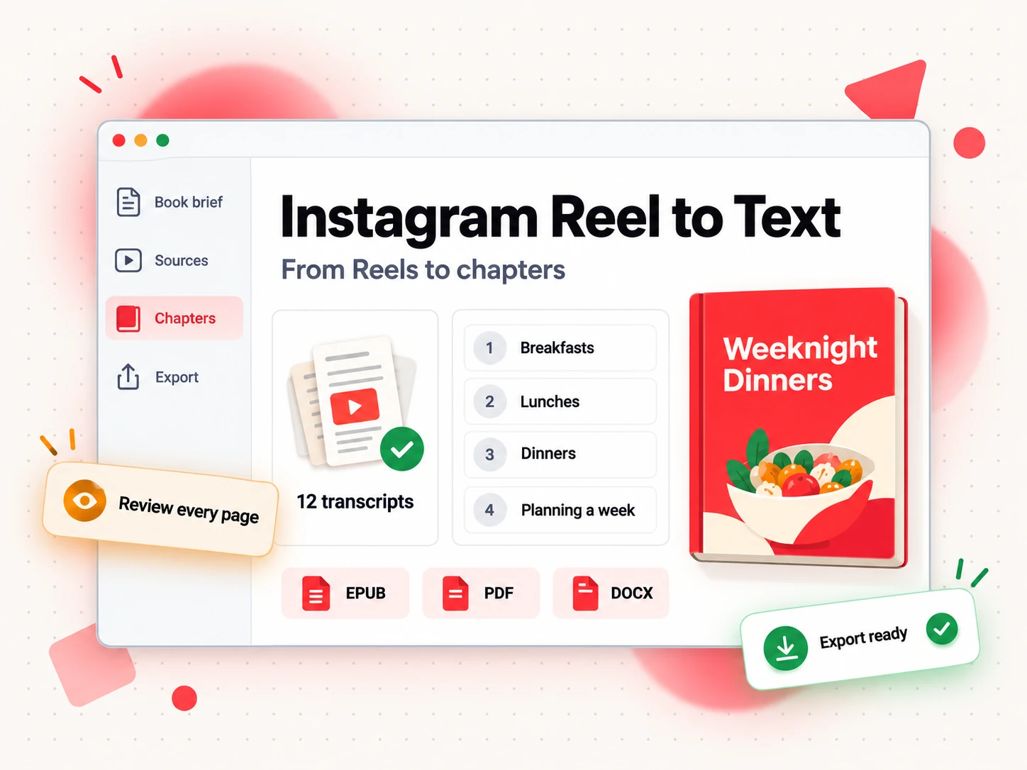 Instagram Reel to text material inside a book draft with a chapter list, a source panel and EPUB, PDF and DOCX export badges