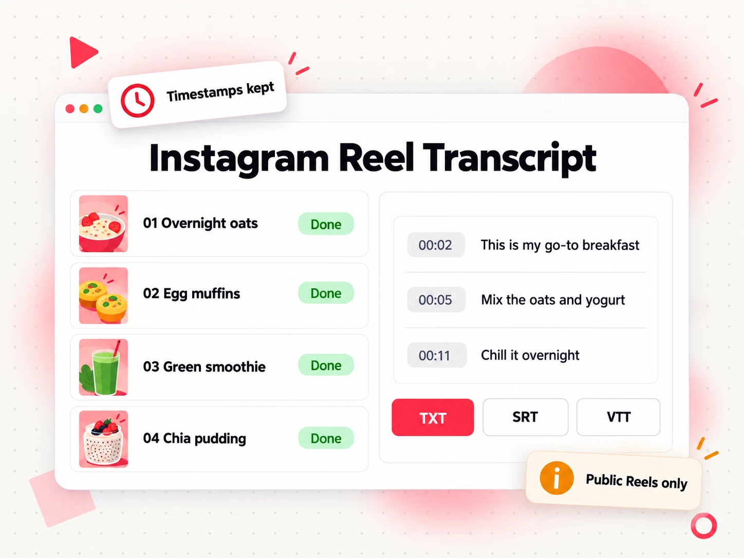 Instagram Reel transcript list with timestamped lines for each video in a series and TXT, SRT and VTT export buttons