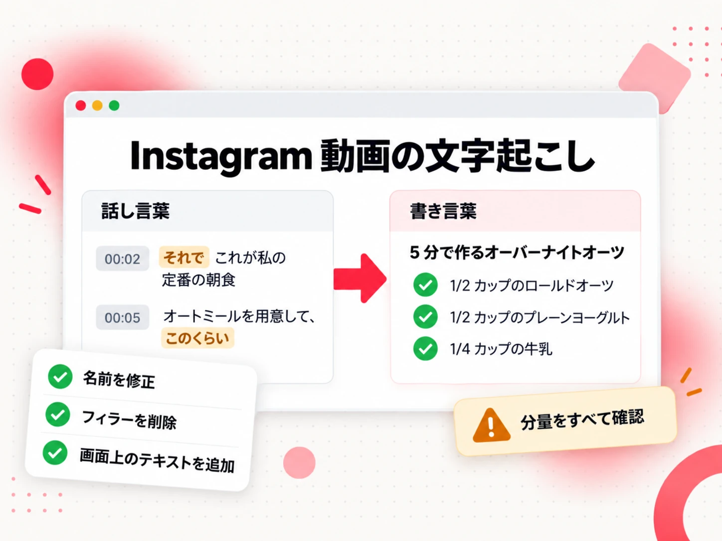 Instagram 動画の文字起こしを整える作業：左側にはフィラーを含む話し言葉、右側には分量を記載したレシピ