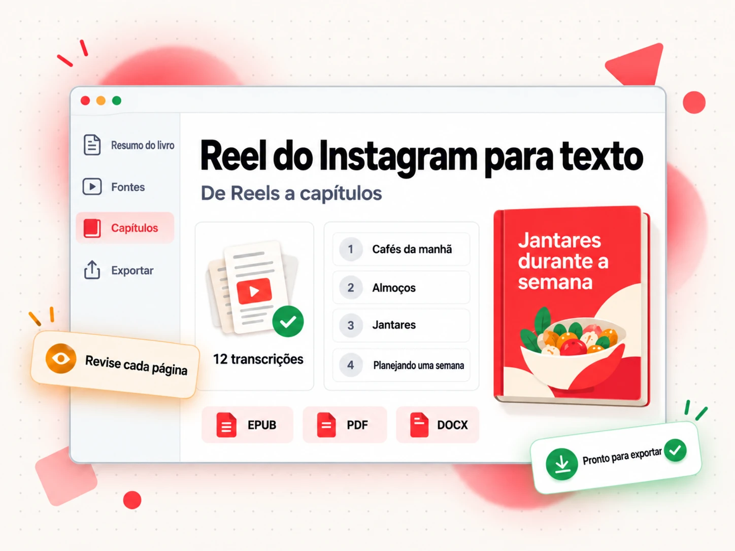 Material de texto de um Reel do Instagram dentro de um rascunho de livro, com uma lista de capítulos, um painel de fontes e selos de exportação para EPUB, PDF e DOCX