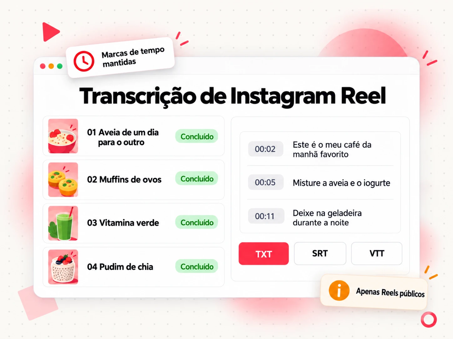 Lista de transcrições de Instagram Reel com linhas marcadas por tempo para cada vídeo de uma série e botões de exportação TXT, SRT e VTT