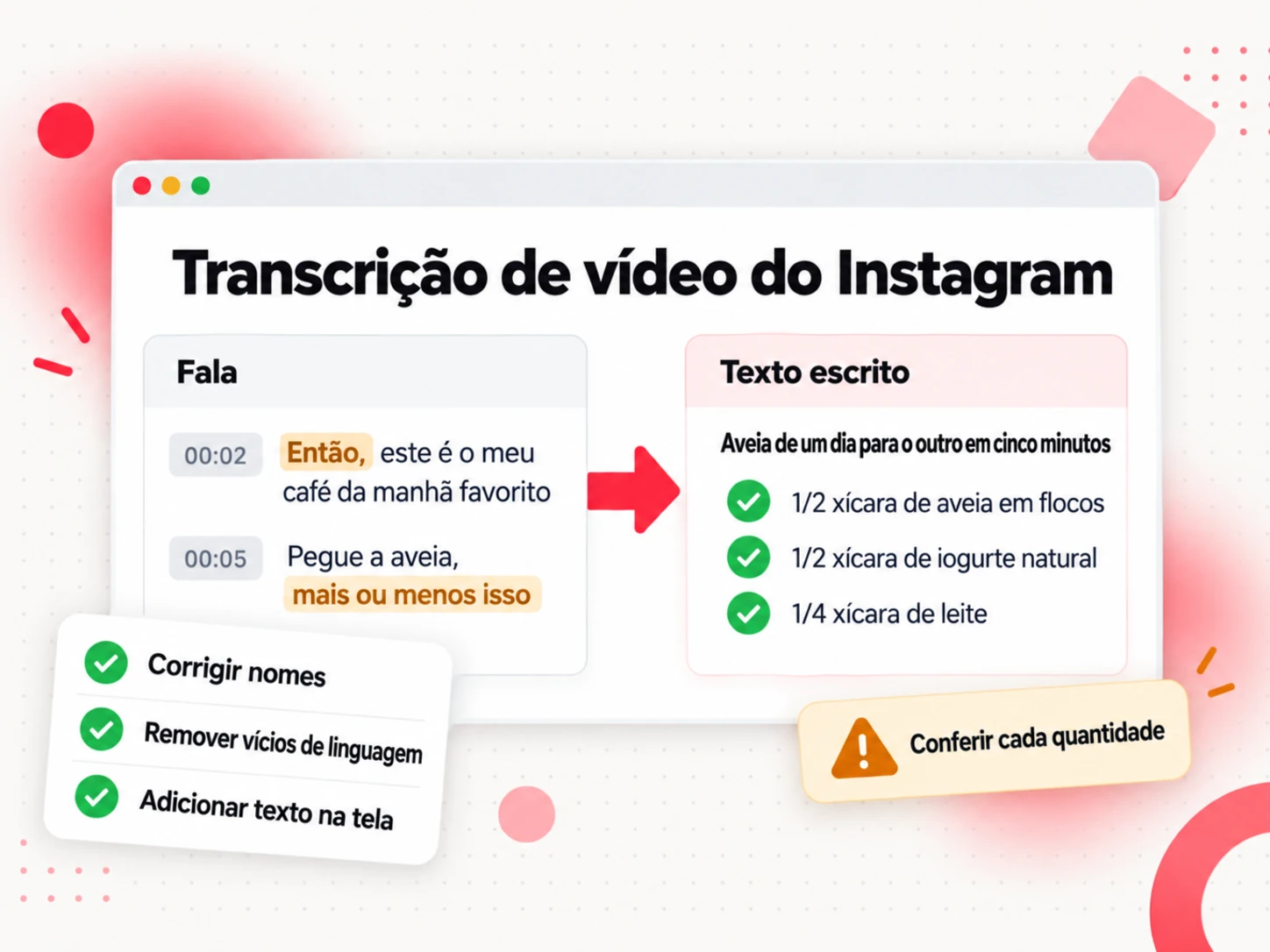 Limpeza da transcrição de vídeo do Instagram: falas com vícios de linguagem à esquerda, uma receita escrita com quantidades à direita