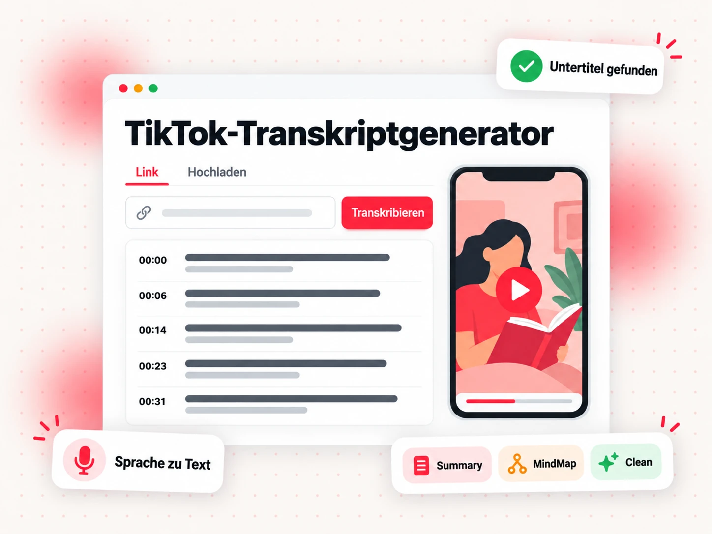 TikTok-Transkriptgenerator mit einem Linkfeld, zeitgestempelten Transkriptzeilen und den Optionen Summary, MindMap und Clean