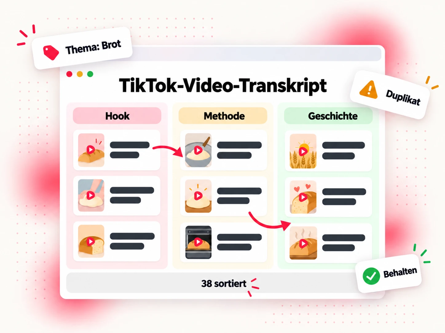 Ausschnitte aus TikTok-Video-Transkripten, sortiert in die Spalten Hook, Methode und Geschichte, mit gekennzeichneten Duplikaten