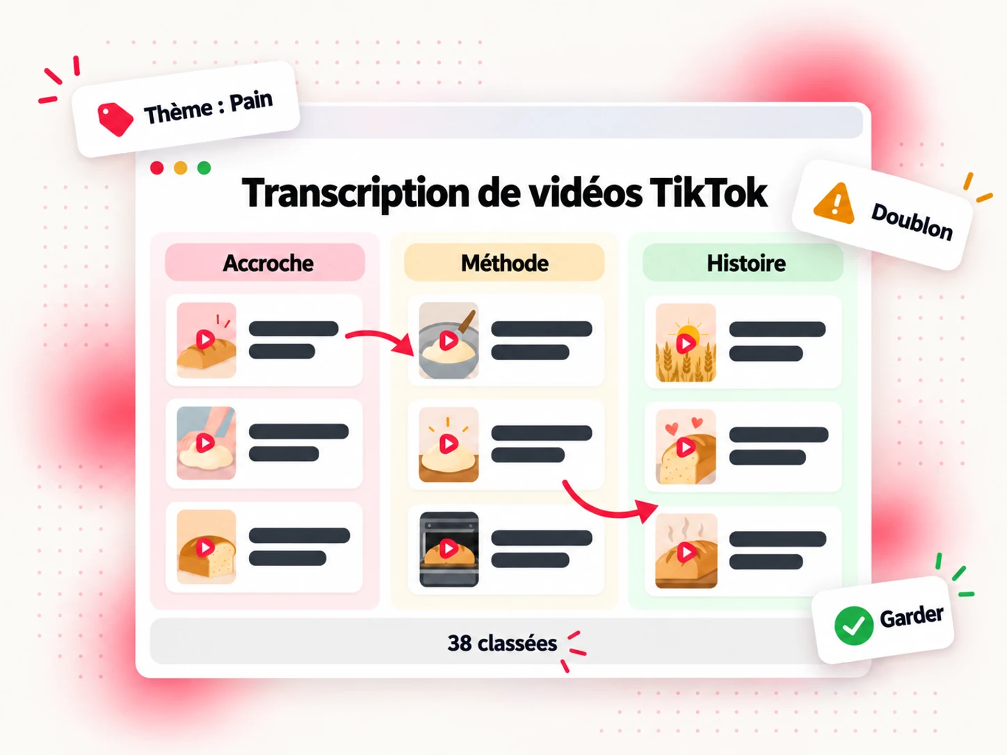 Extraits de transcriptions de vidéos TikTok classés dans les colonnes Accroche, Méthode et Histoire, avec les doublons signalés