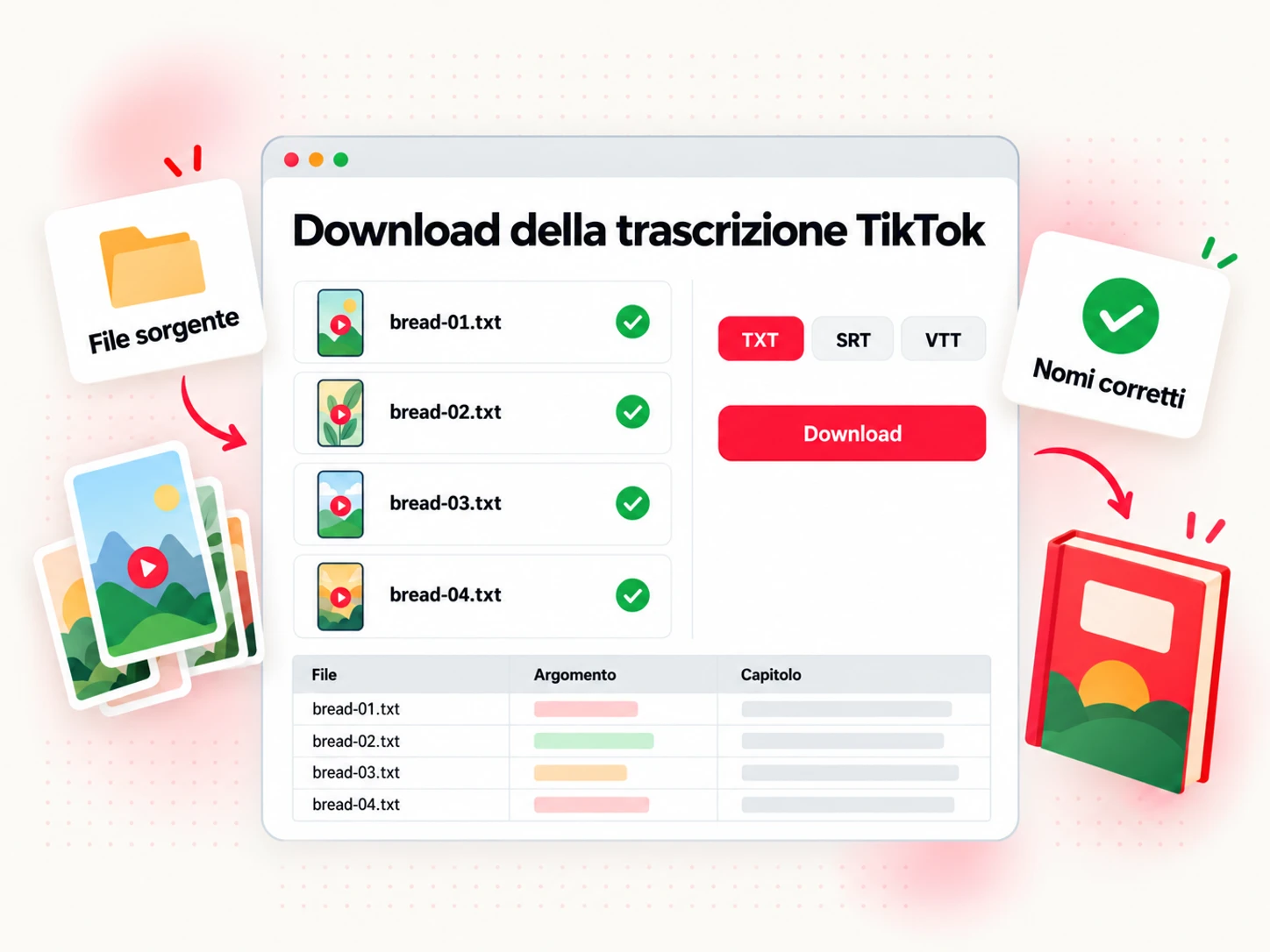 Download della trascrizione TikTok come file TXT denominati per argomento, pronti per essere organizzati in capitoli