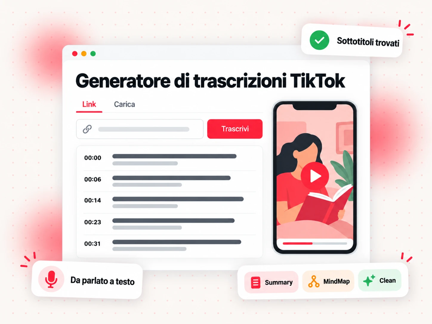 Generatore di trascrizioni TikTok con un campo per il link, righe della trascrizione con timestamp e opzioni Summary, MindMap e Clean