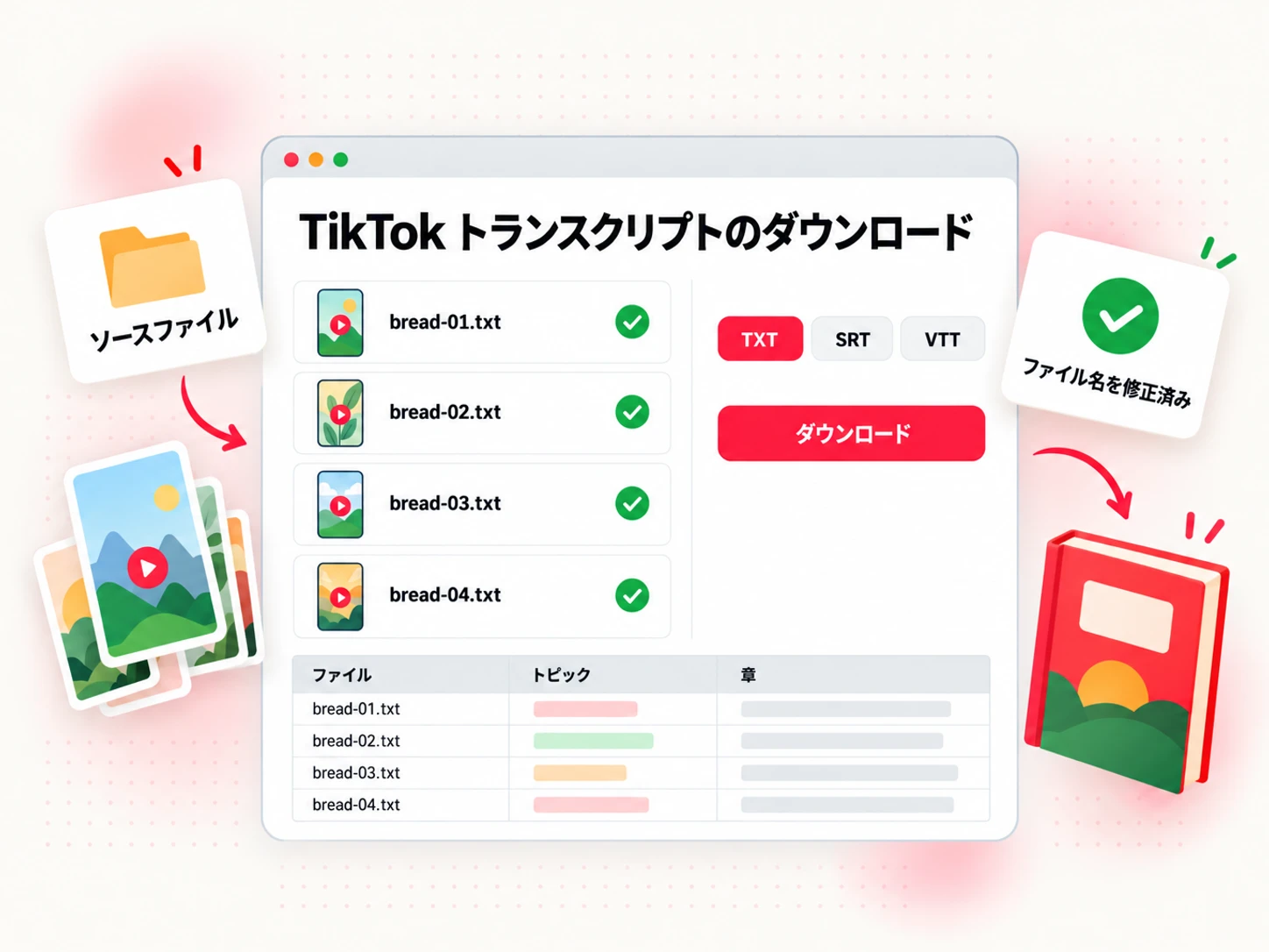 トピック別のファイル名を付けた TXT ファイルとしてダウンロードした TikTok トランスクリプト。章ごとに整理する準備ができた状態