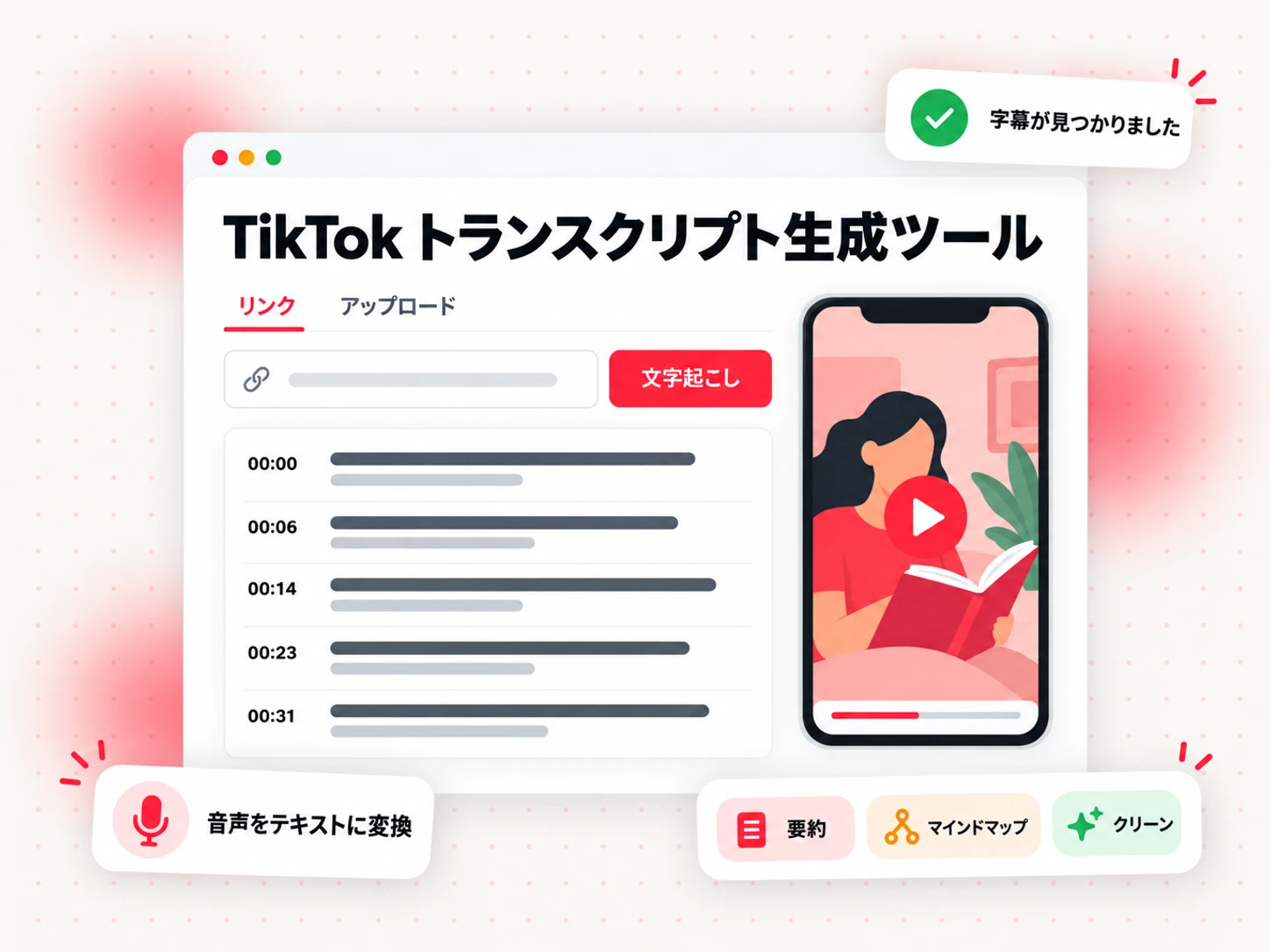 リンク欄、タイムスタンプ付きのトランスクリプト行、「要約」、「マインドマップ」、「クリーン」オプションを備えた TikTok トランスクリプト生成ツール