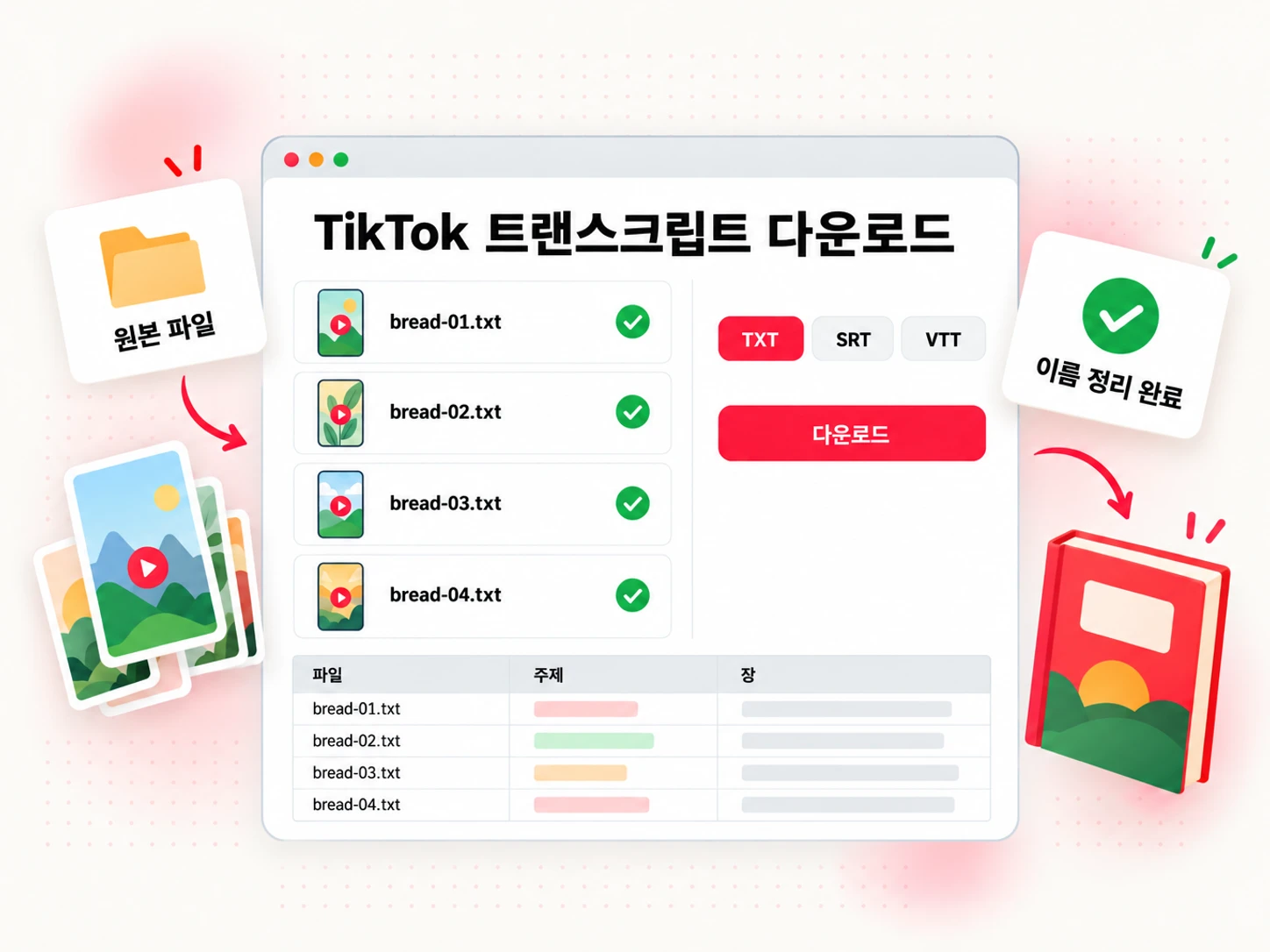 주제별로 이름을 지정하고 장으로 분류할 준비가 된 TXT 파일 형식의 TikTok 트랜스크립트 다운로드
