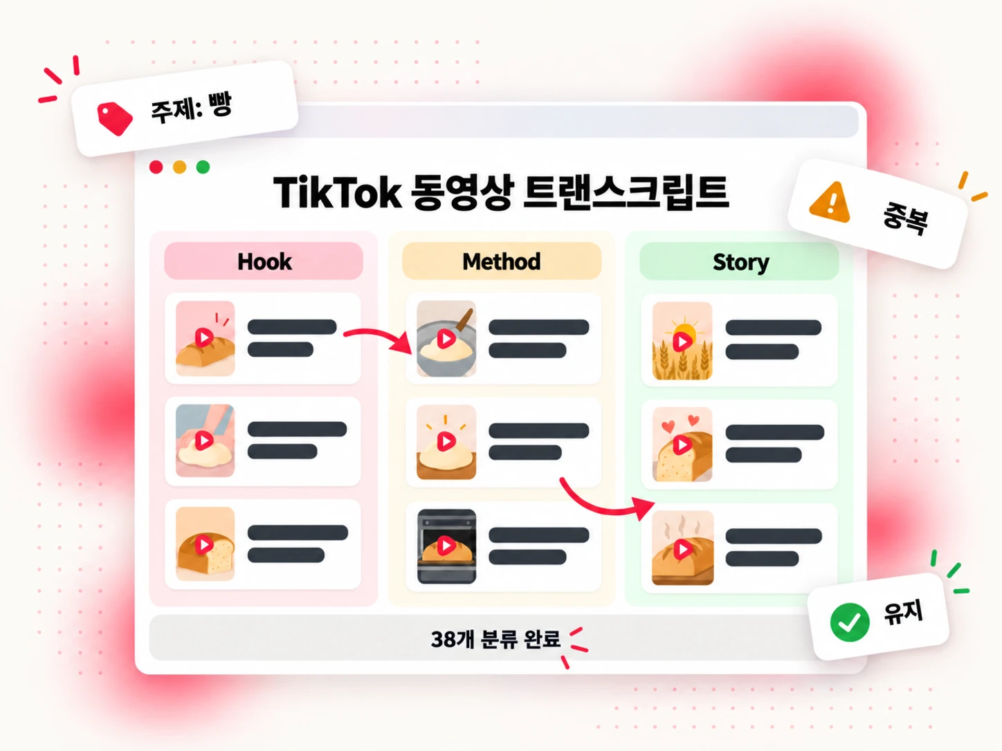 Hook, Method, Story 열로 정리되고 중복 항목이 표시된 TikTok 동영상 트랜스크립트의 일부