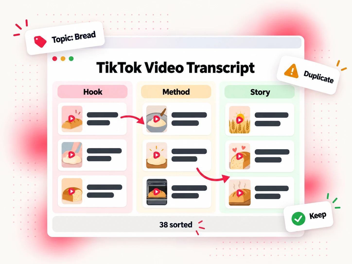 TikTok video transcript snippets sorted into Hook, Method and Story columns, with duplicates flagged