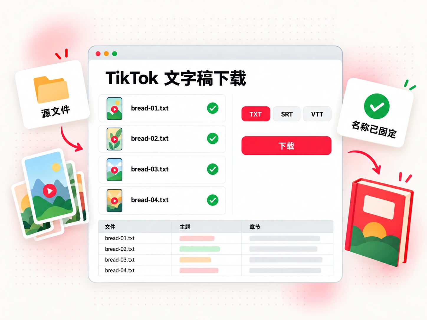 按主题命名、准备整理到各章节中的 TikTok TXT 文字稿文件