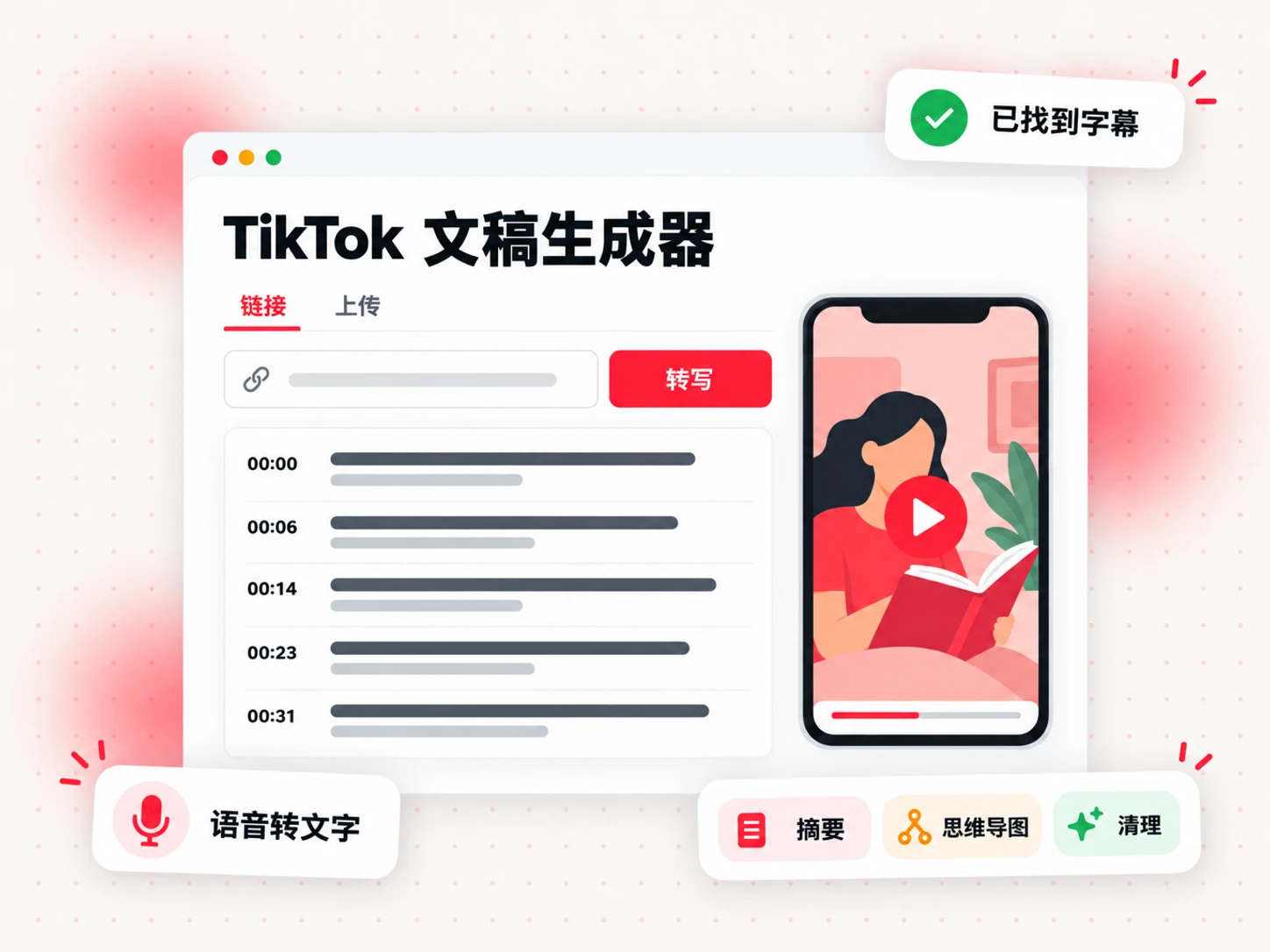 带有链接输入框、带时间戳的文稿行，以及“摘要”“思维导图”和“清理”选项的 TikTok 文稿生成器
