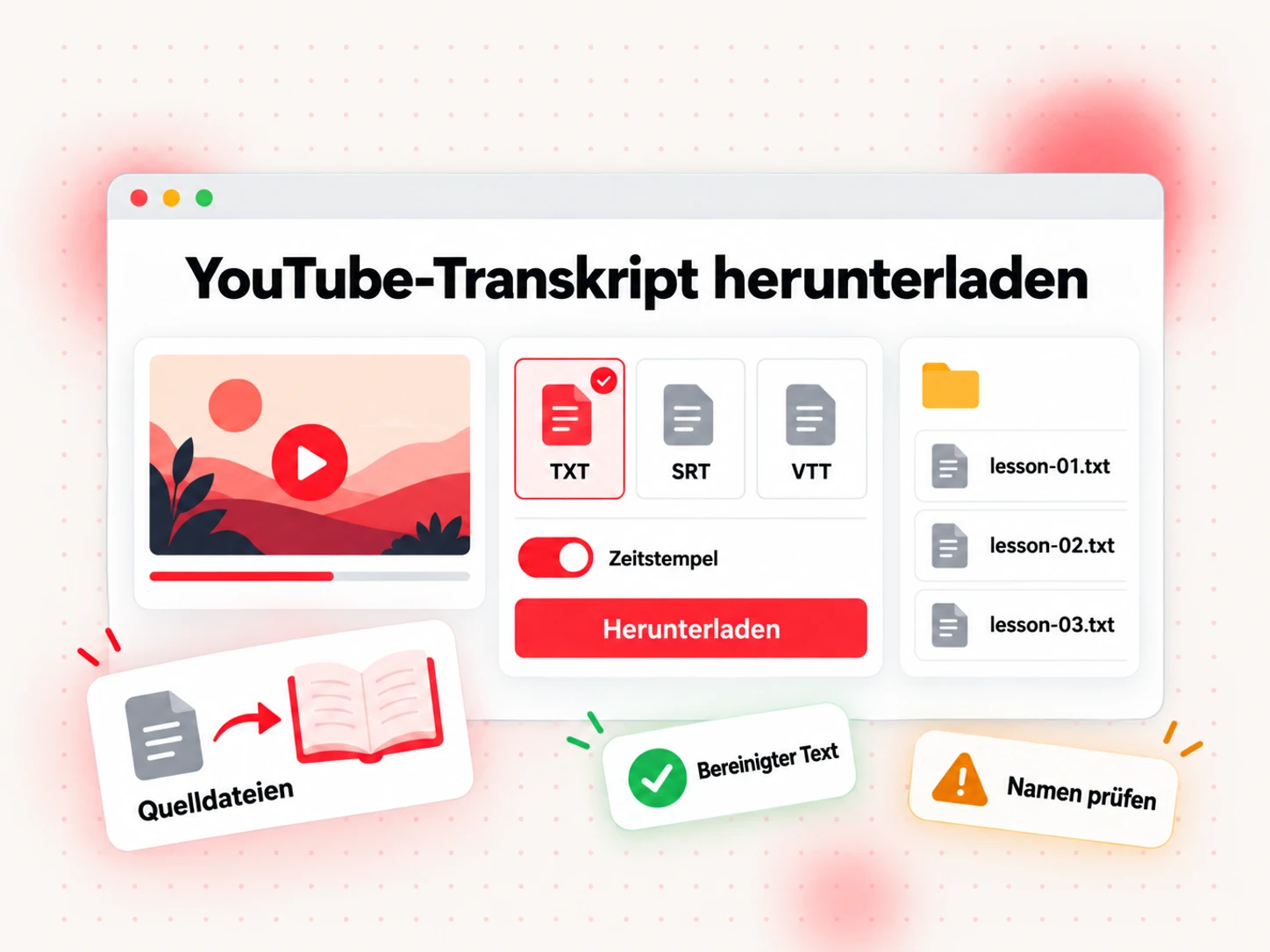 YouTube-Transkript als TXT mit Zeitstempeln, bereit zur Verwendung als Quelldatei für das Buch