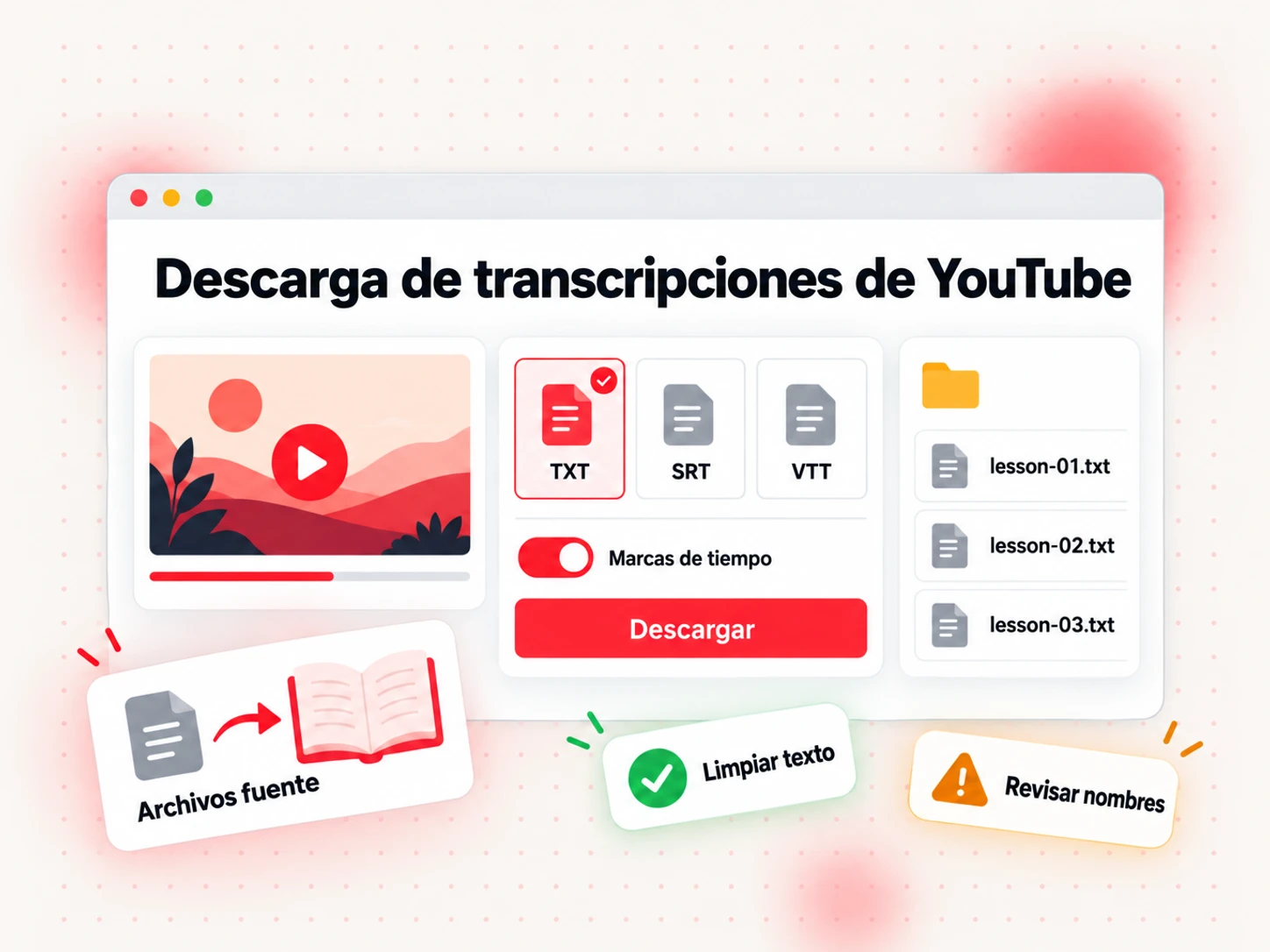 Descarga de una transcripción de YouTube como TXT con marcas de tiempo, lista para usarse como archivo fuente del libro