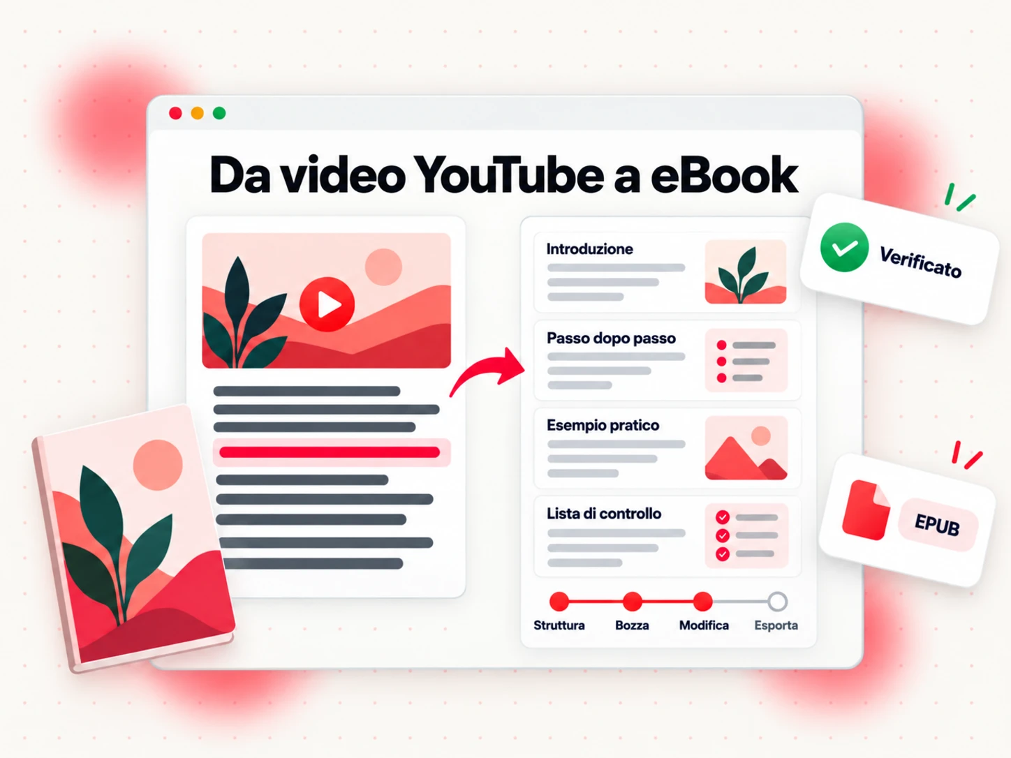 Da video di YouTube a ebook: testo della trascrizione riscritto in sezioni del capitolo con un flusso di lavoro per struttura, bozza, modifica ed esportazione