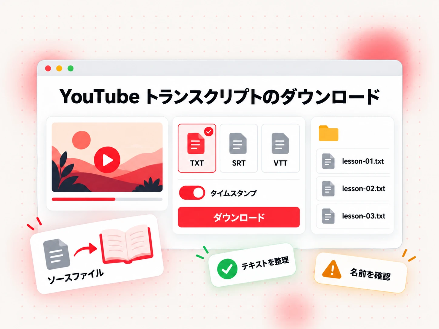 タイムスタンプ付きで、書籍のソースファイルとしてすぐ使える YouTube トランスクリプトの TXT ダウンロード