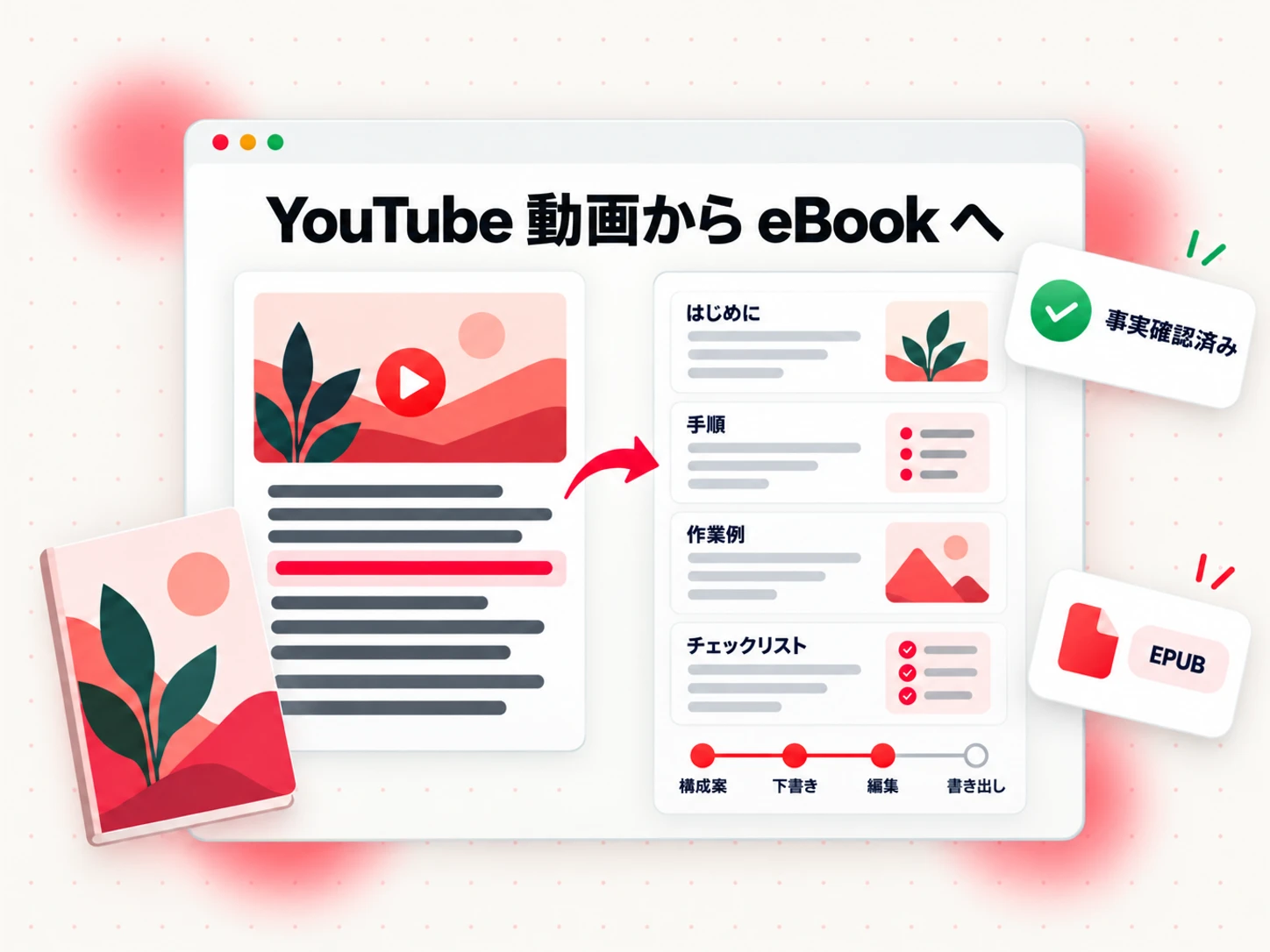 YouTube 動画から ebook へ：文字起こしの文章を、構成案、下書き、編集、書き出しのワークフローで章のセクションに書き換える