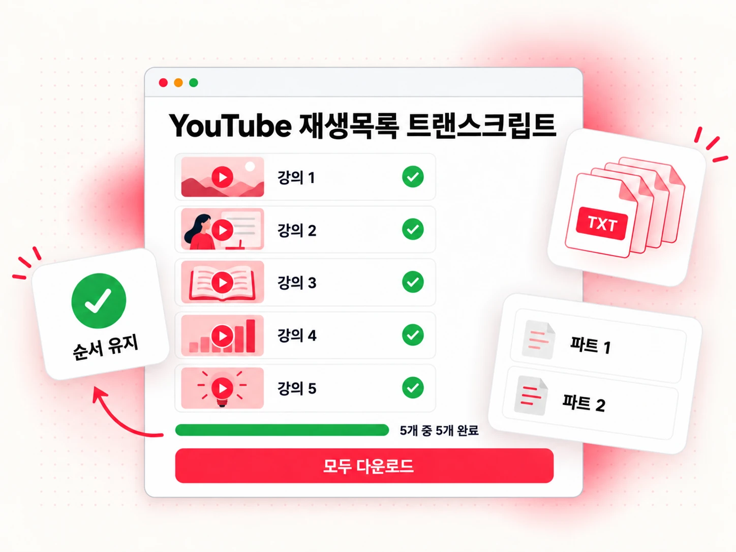 재생목록 순서대로 처리된 다섯 개 강의가 표시된 YouTube 재생목록 트랜스크립트