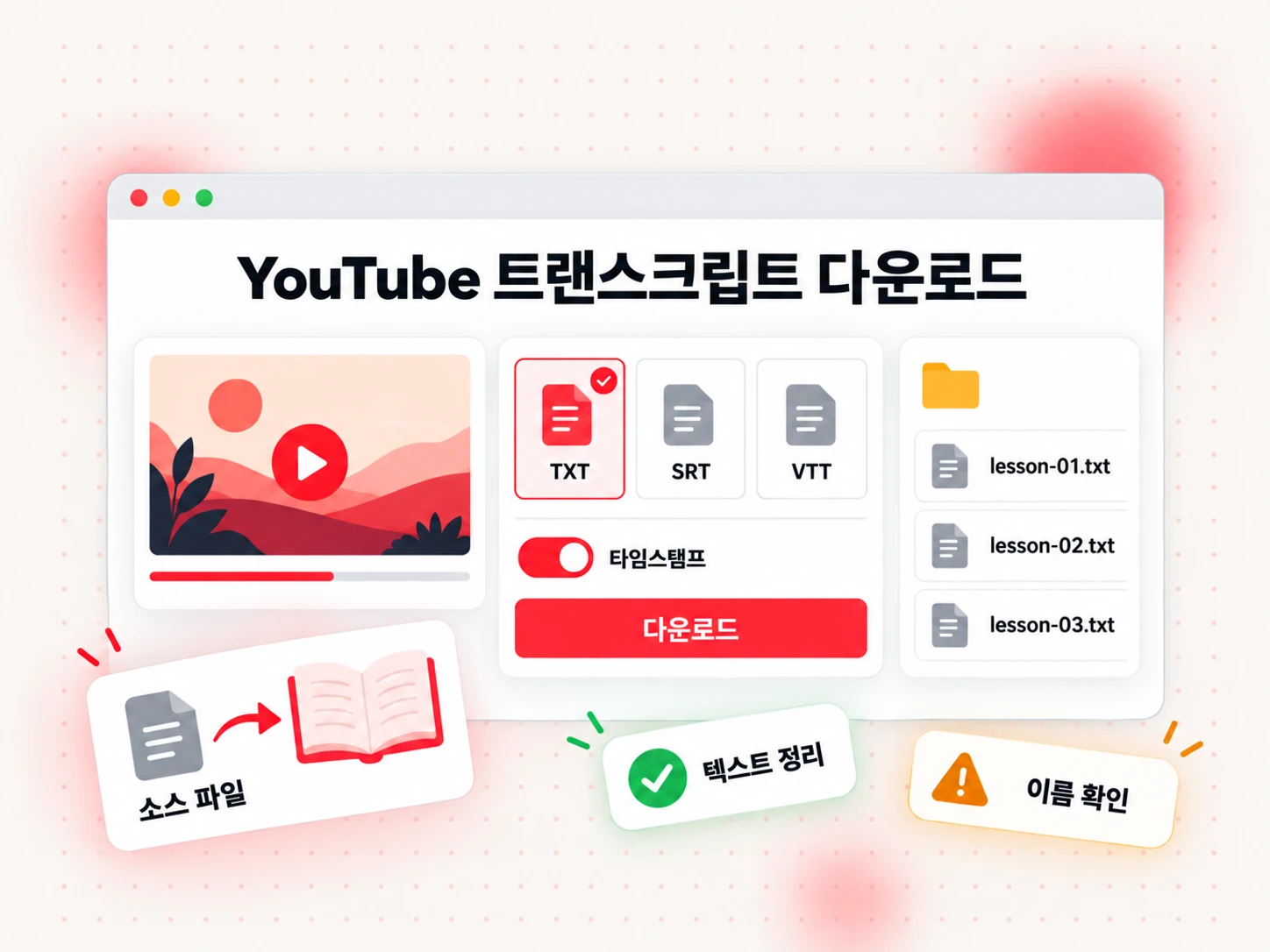 타임스탬프가 포함되어 책 원고 소스 파일로 바로 사용할 수 있는 TXT 형식의 YouTube 자막 다운로드