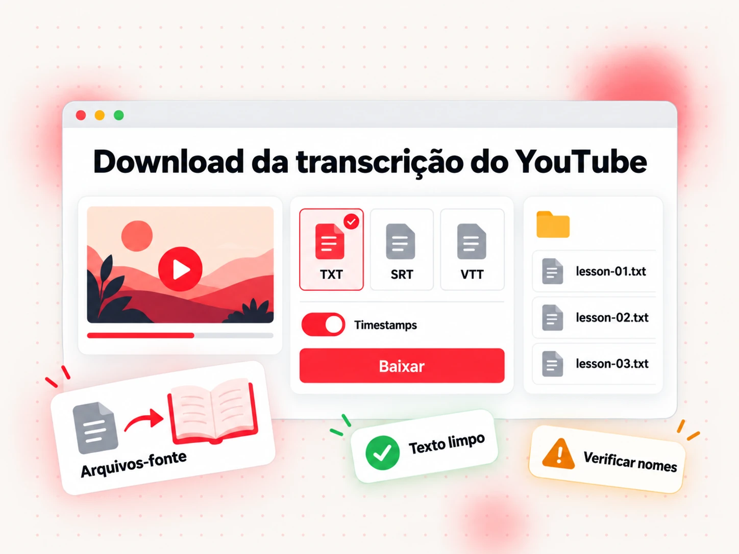 Download da transcrição do YouTube como TXT com timestamps, pronta para ser usada como arquivo-fonte do livro