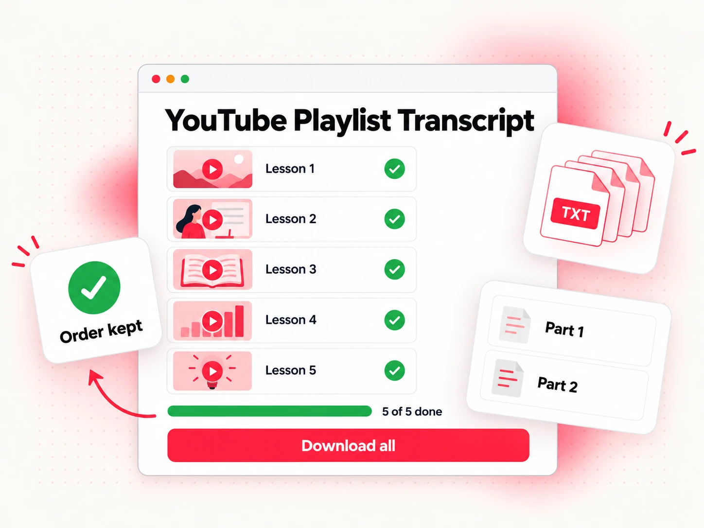 YouTube playlist transcript with five lessons processed in playlist order