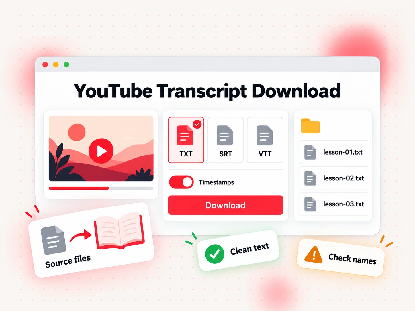YouTube transcript download as TXT with timestamps, ready to use as book source files