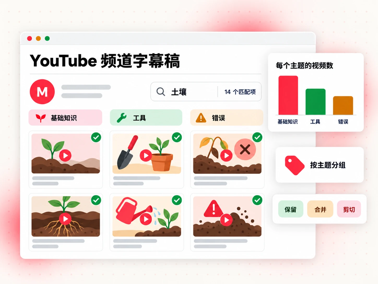 按主题分组并可搜索所有视频的 YouTube 频道字幕稿集合