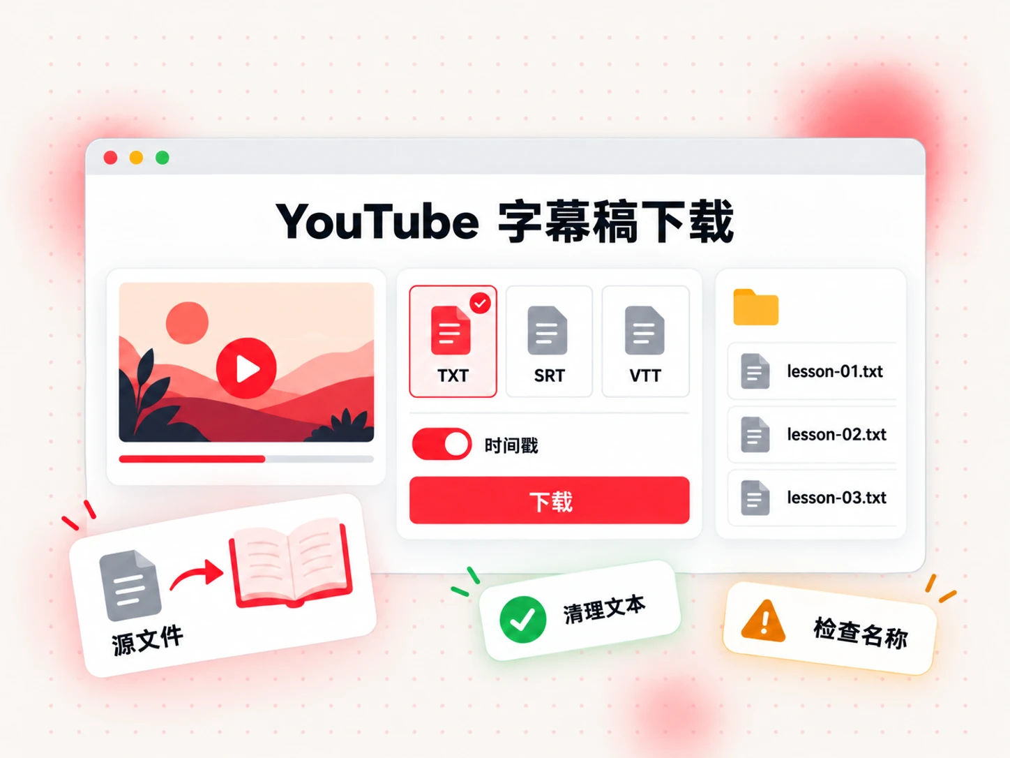 带有时间戳、可直接用作书籍源文件的 YouTube TXT 文字稿下载