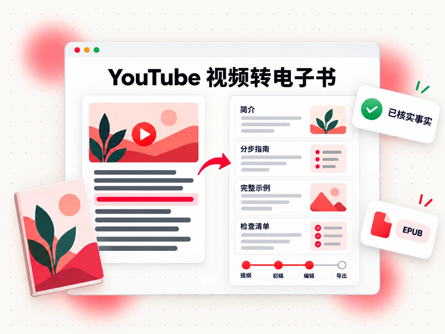 YouTube 视频转电子书:将转录文字改写为章节部分,并通过提纲、初稿、编辑和导出流程完成