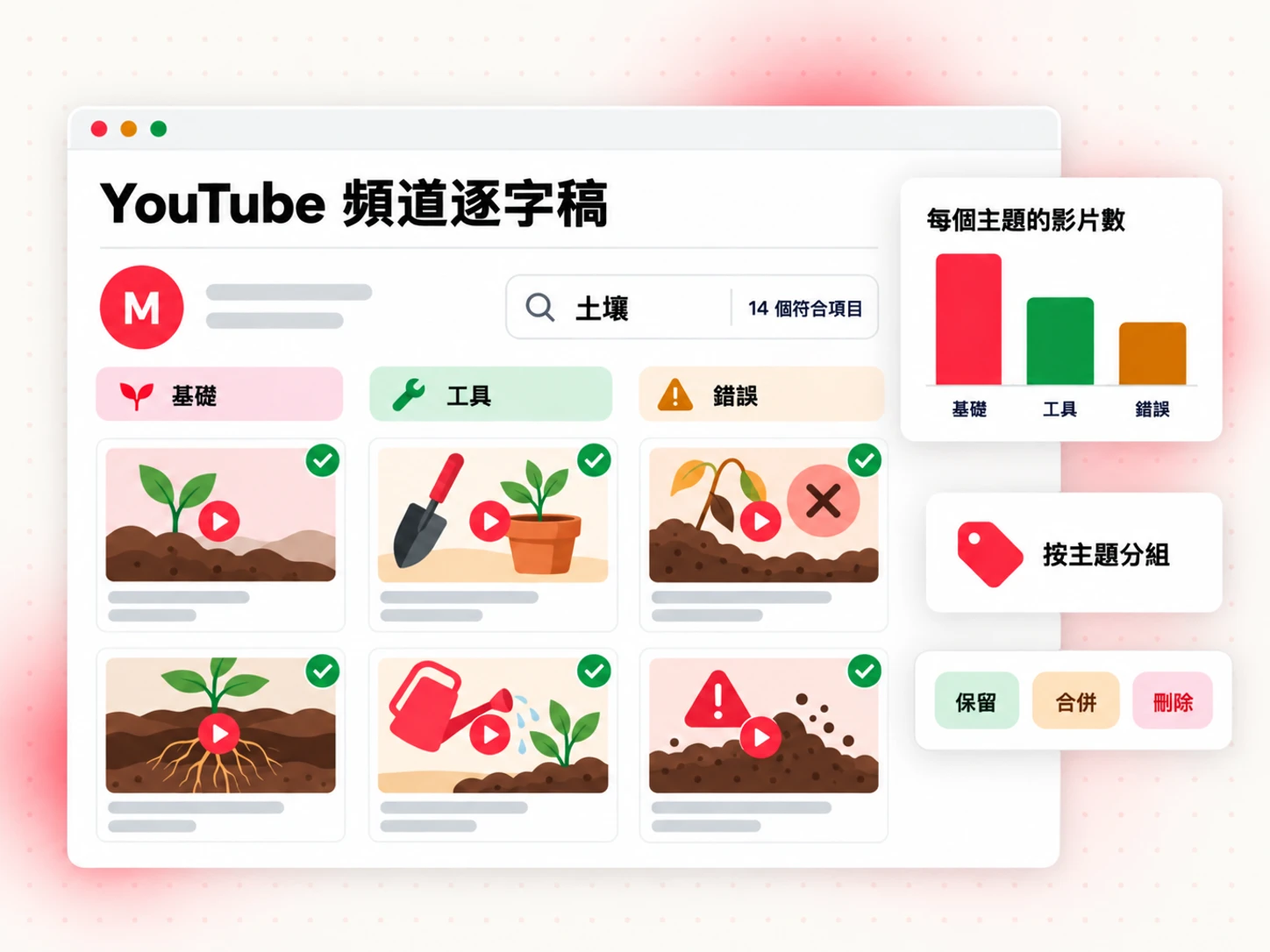按主題分組並可搜尋所有影片的 YouTube 頻道逐字稿集合