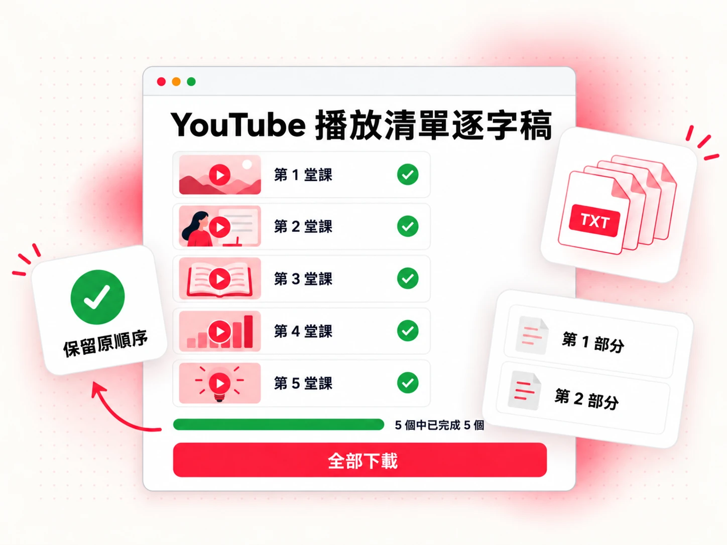 依播放清單順序處理的五堂課 YouTube 播放清單逐字稿