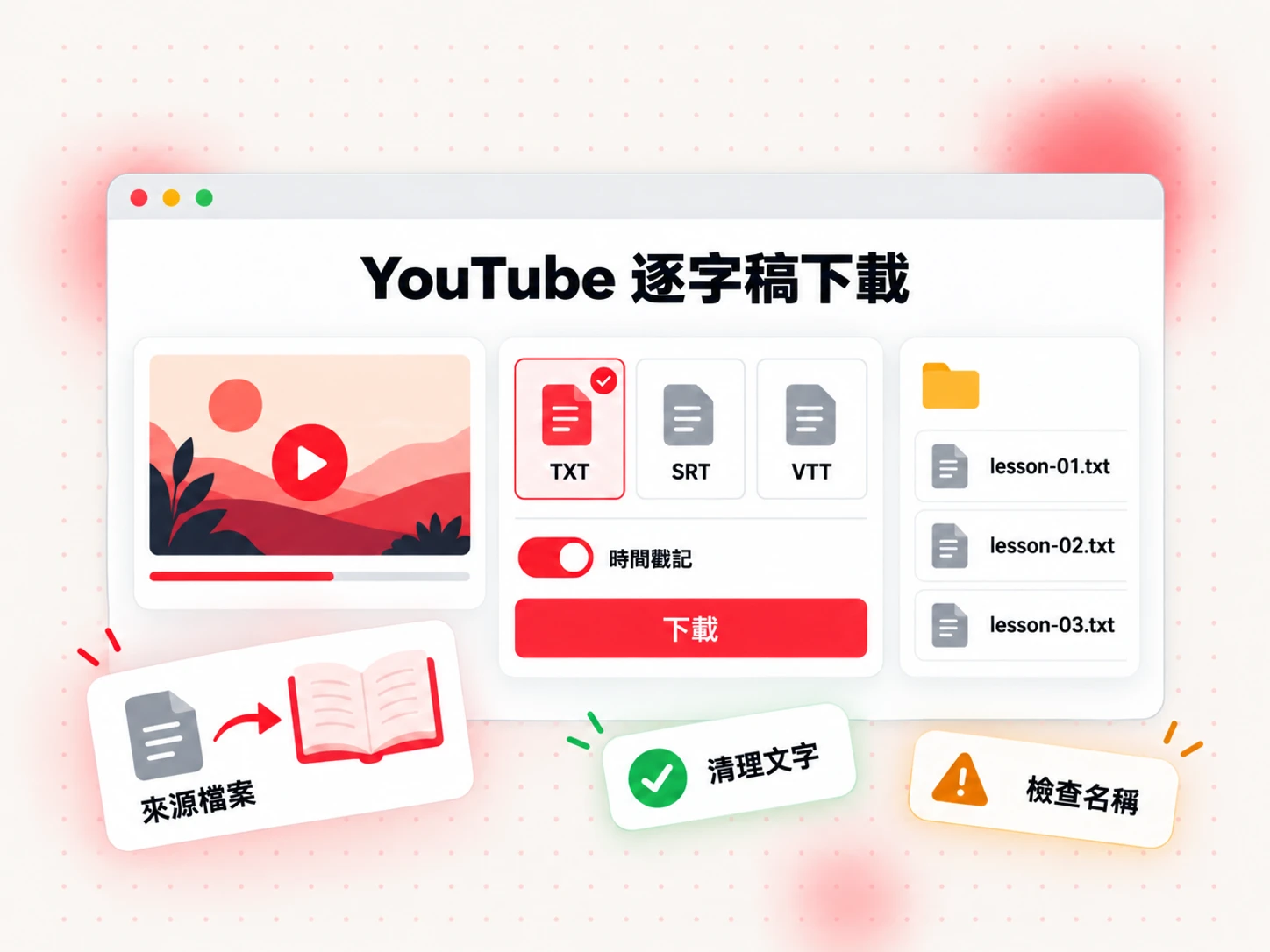 包含時間戳記、可作為書籍來源檔案使用的 YouTube TXT 逐字稿下載