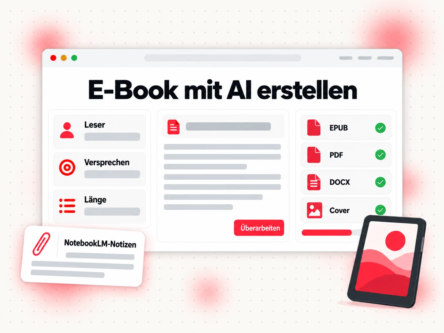 E-Book mit AI erstellen: Kapitelnotizen aus NotebookLM werden in ein Buch-Briefing, eine Gliederung und fertige Kapitel umgewandelt und anschließend als EPUB und PDF exportiert