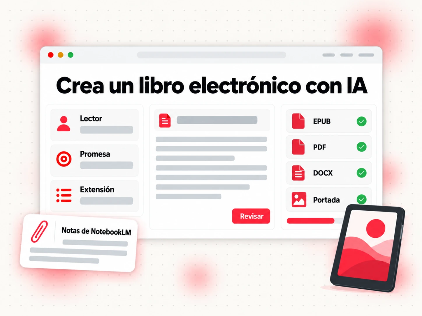 Crea un libro electrónico con IA: notas de capítulos de NotebookLM convertidas en un resumen del libro, un esquema y capítulos redactados, y después exportadas como EPUB y PDF