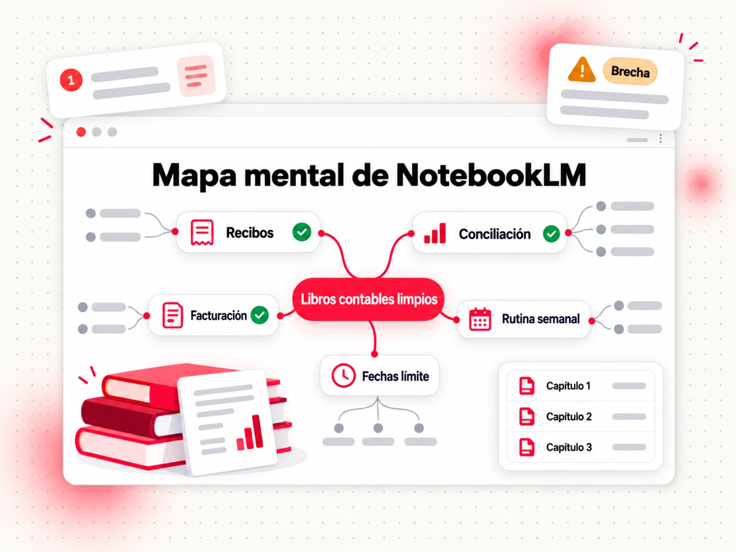 Mapa mental de NotebookLM para el esquema de un libro electrónico: un tema central que se ramifica en temas de capítulos con citas de fuentes