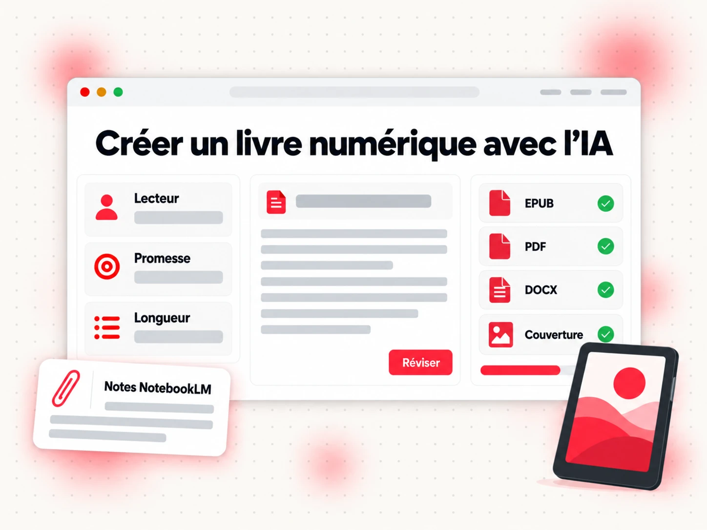 Créer un livre numérique avec l’IA : des notes de chapitre issues de NotebookLM transformées en brief, plan et chapitres rédigés, puis exportées aux formats EPUB et PDF