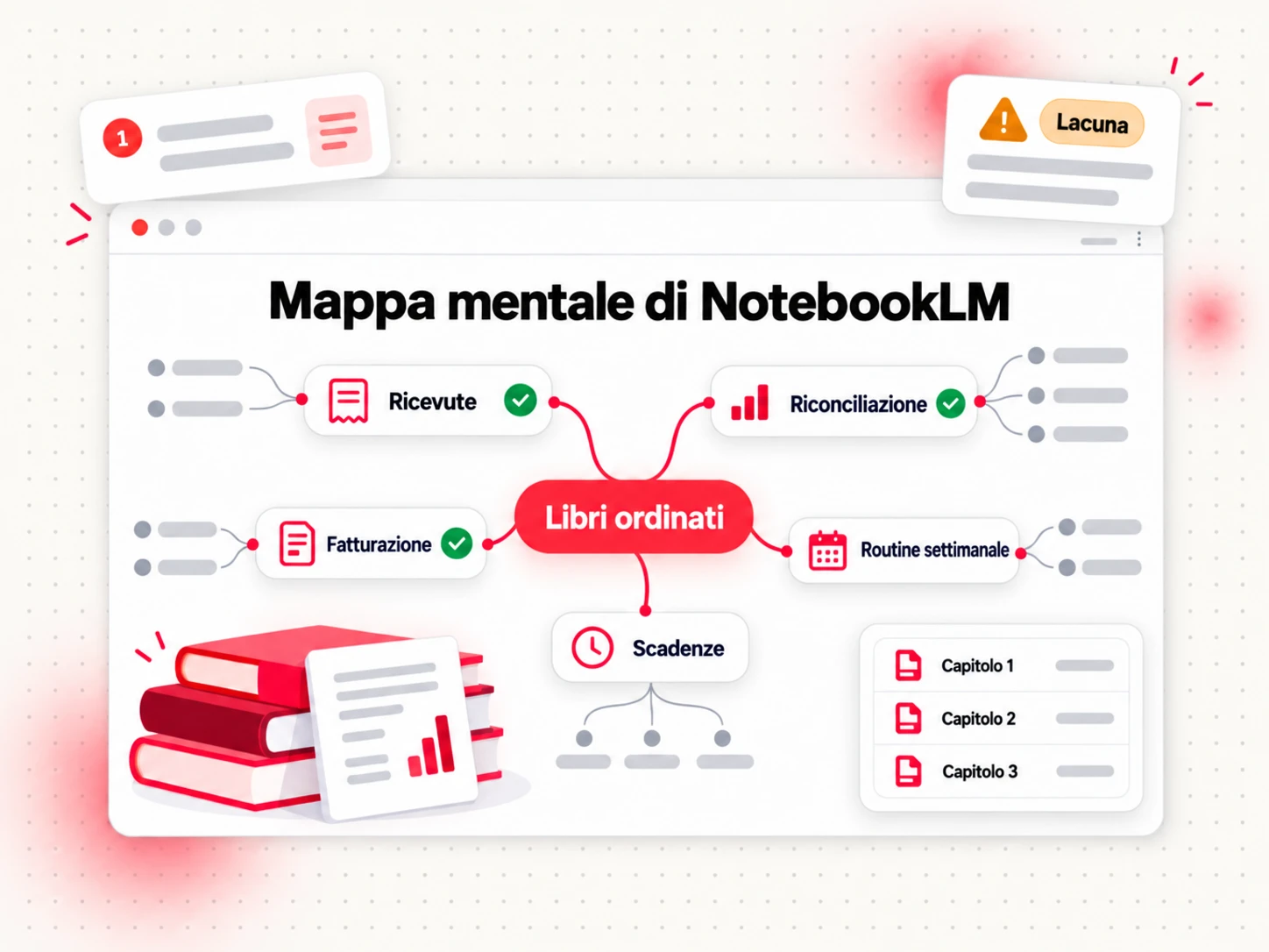 Mappa mentale di NotebookLM per la scaletta di un ebook: un argomento centrale che si dirama in temi per capitolo con citazioni delle fonti
