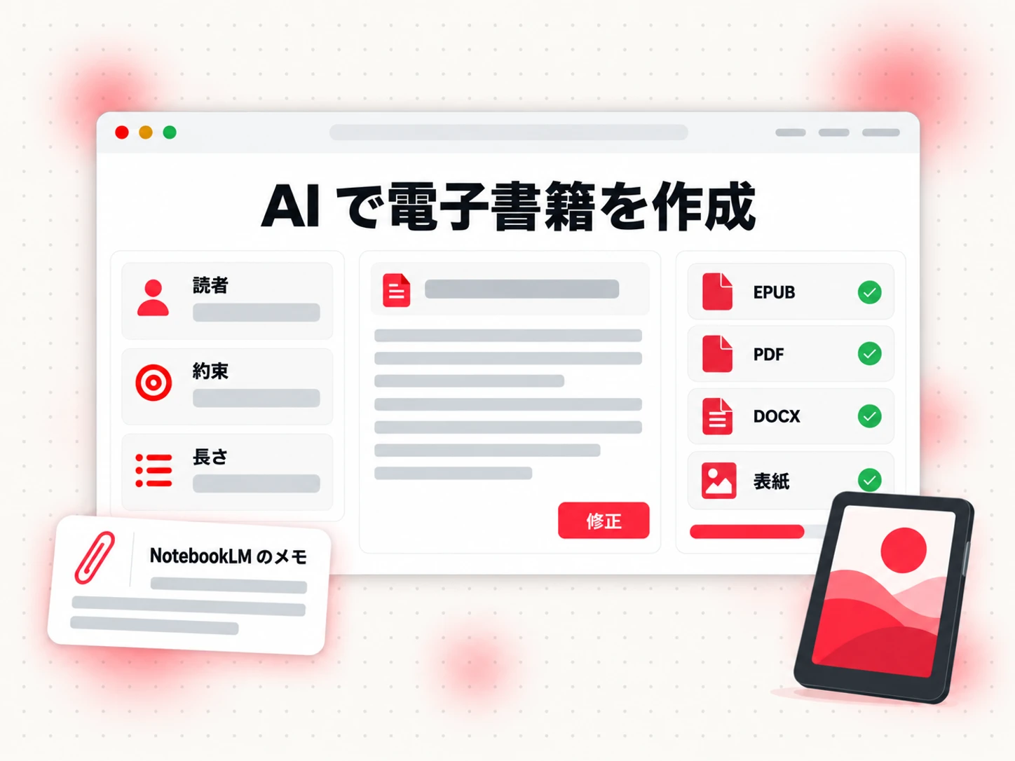 AI で電子書籍を作成：NotebookLM の章ノートを、本の概要、アウトライン、下書きした章に変換し、EPUB と PDF として書き出す