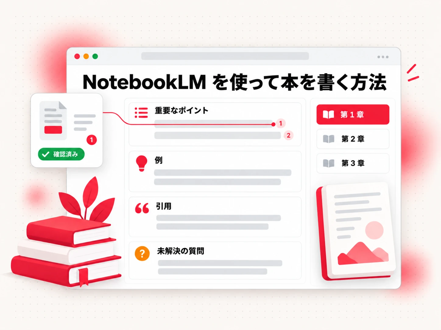 NotebookLM を使って本を書く方法: 各章の引用付きメモ、重要なポイント、未解決の質問