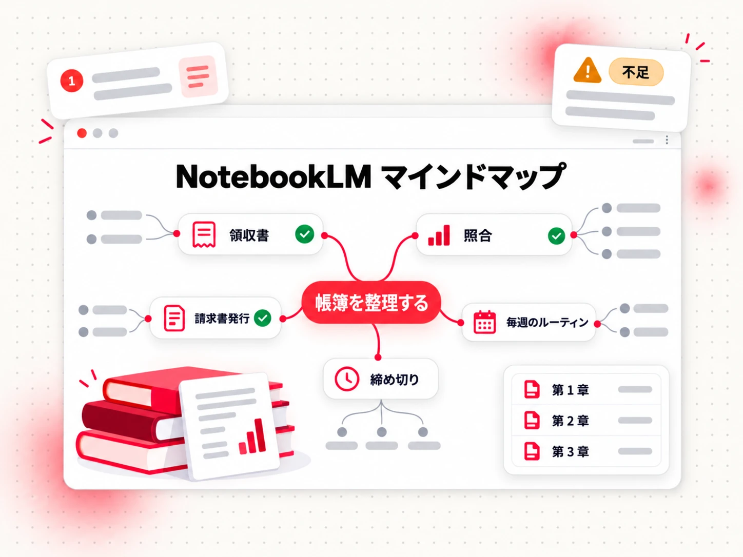 電子書籍のアウトライン用 NotebookLM マインドマップ: 中心テーマから、出典の引用付きで章のテーマへ枝分かれしている