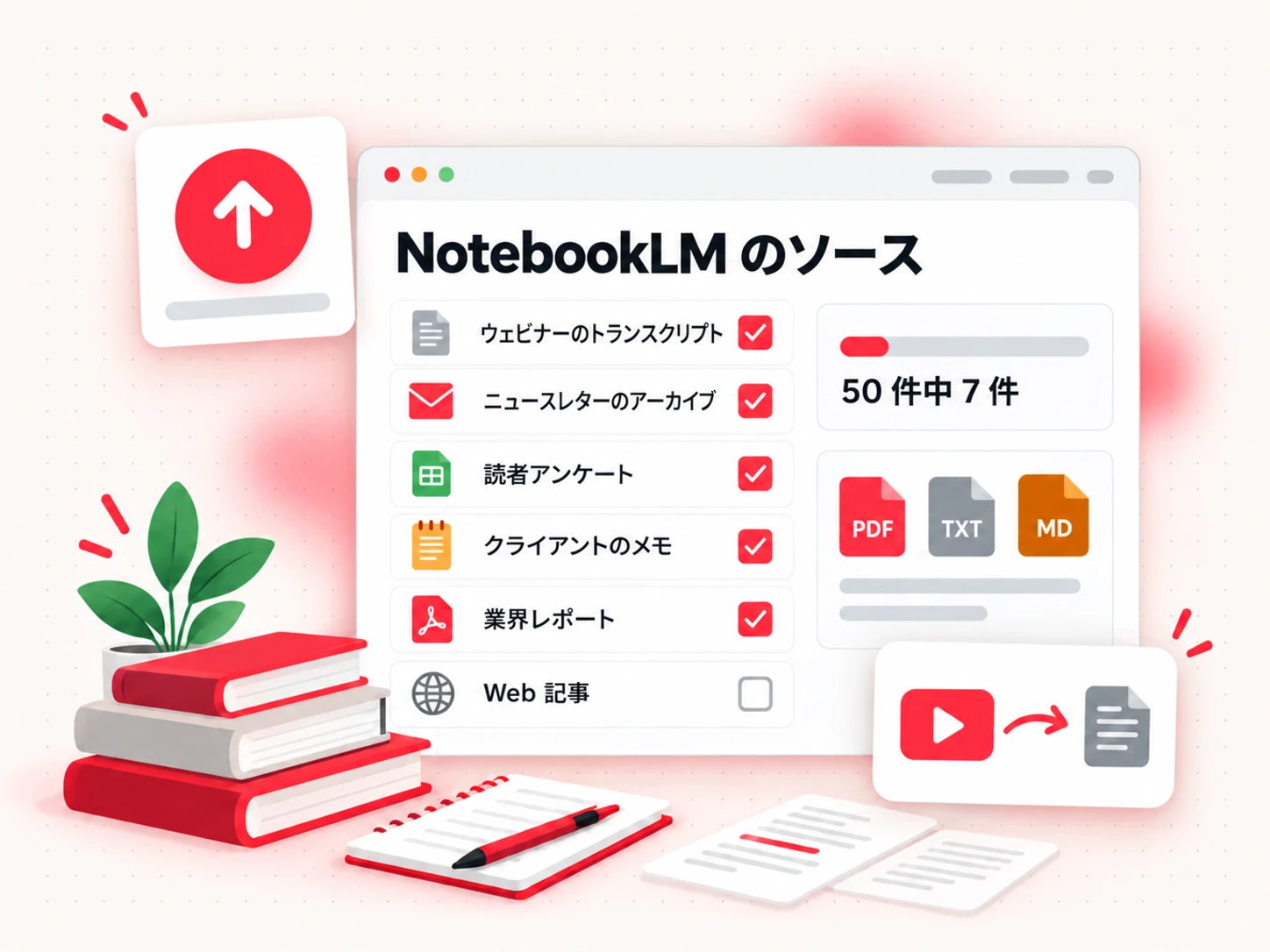 ebook 用の NotebookLM ソース：PDF、Google Docs、Web ページ、動画のトランスクリプトを 1 つのノートブックに集約