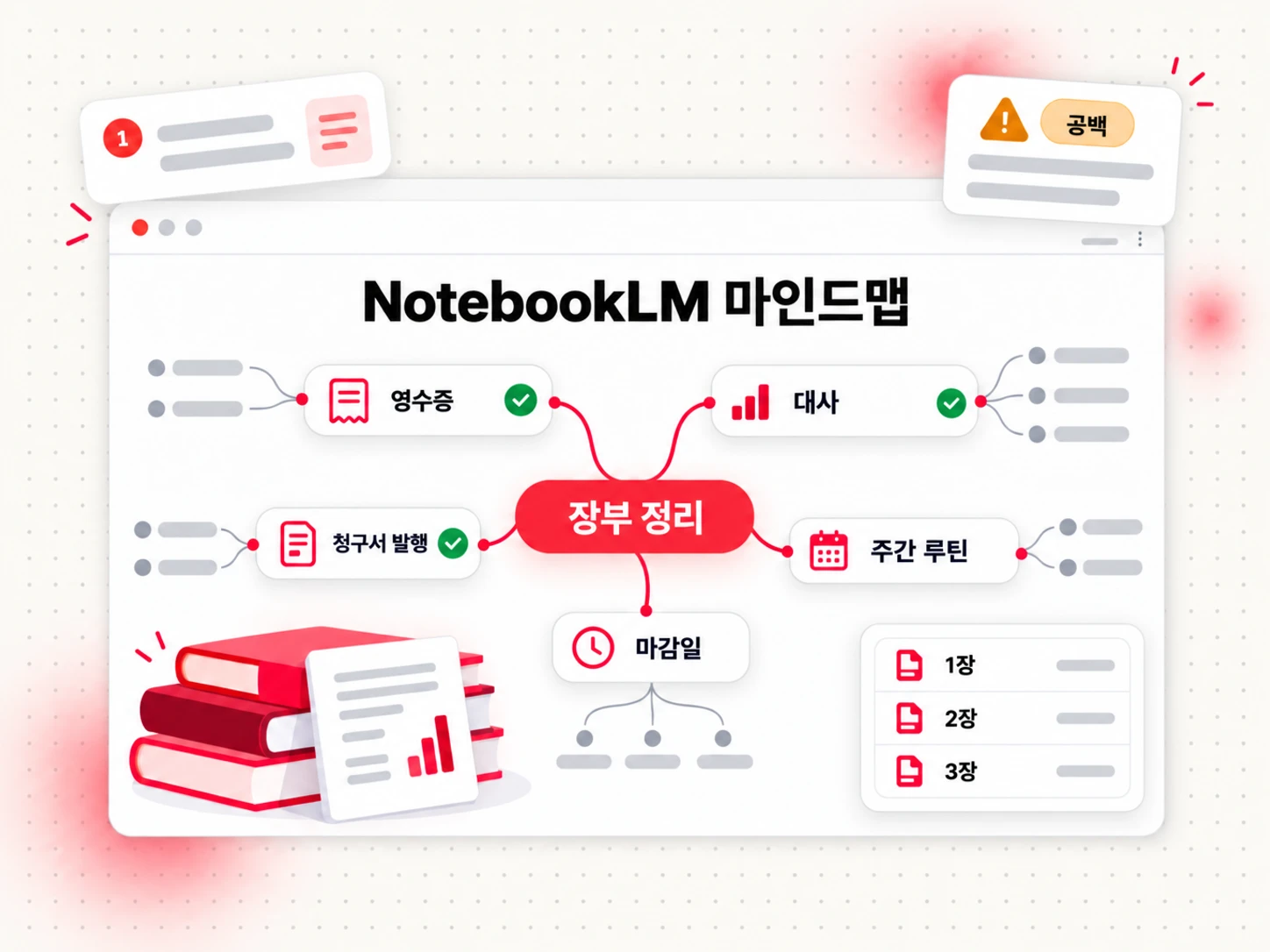 전자책 개요를 위한 NotebookLM 마인드맵: 출처 인용이 포함된 장별 주제로 뻗어 나가는 중심 주제